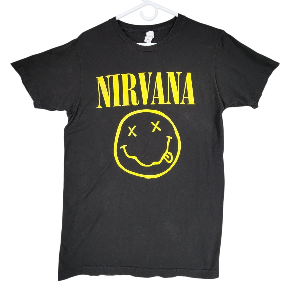 Nirvana Smiley Face T Shirt M Men Black Yellow Logo Band Music Grunge Streetwear